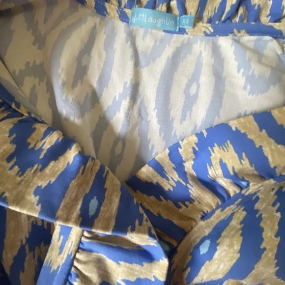 J McLaughlin XS Dress Ruffled Collar LS Ikat Pattern Blue - Picture 7 of 9